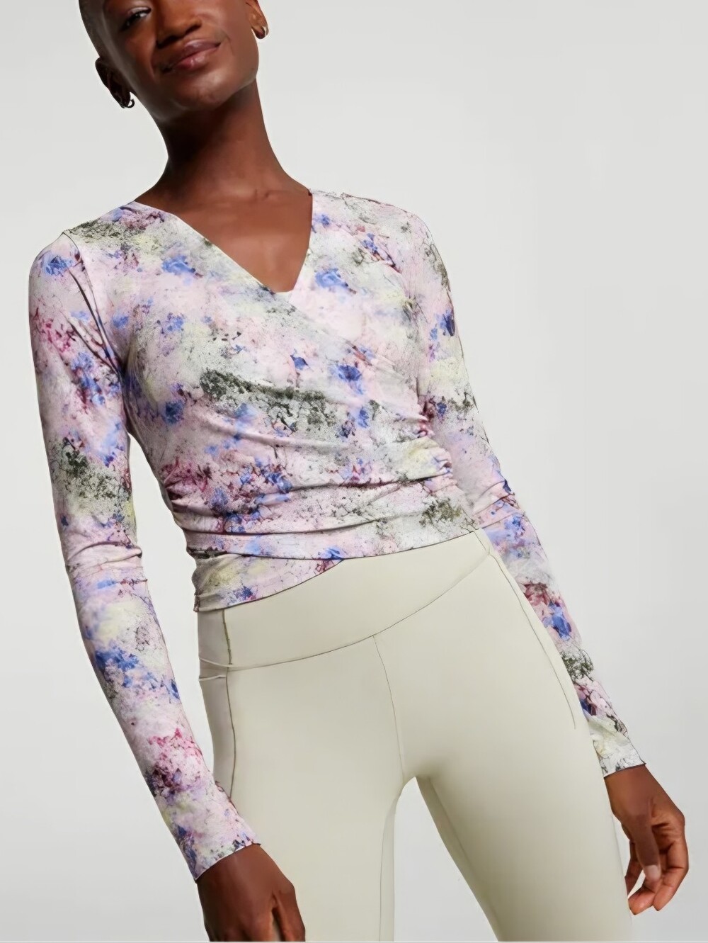 Women's Multi Pastel Floral V-Neck Wrap Top